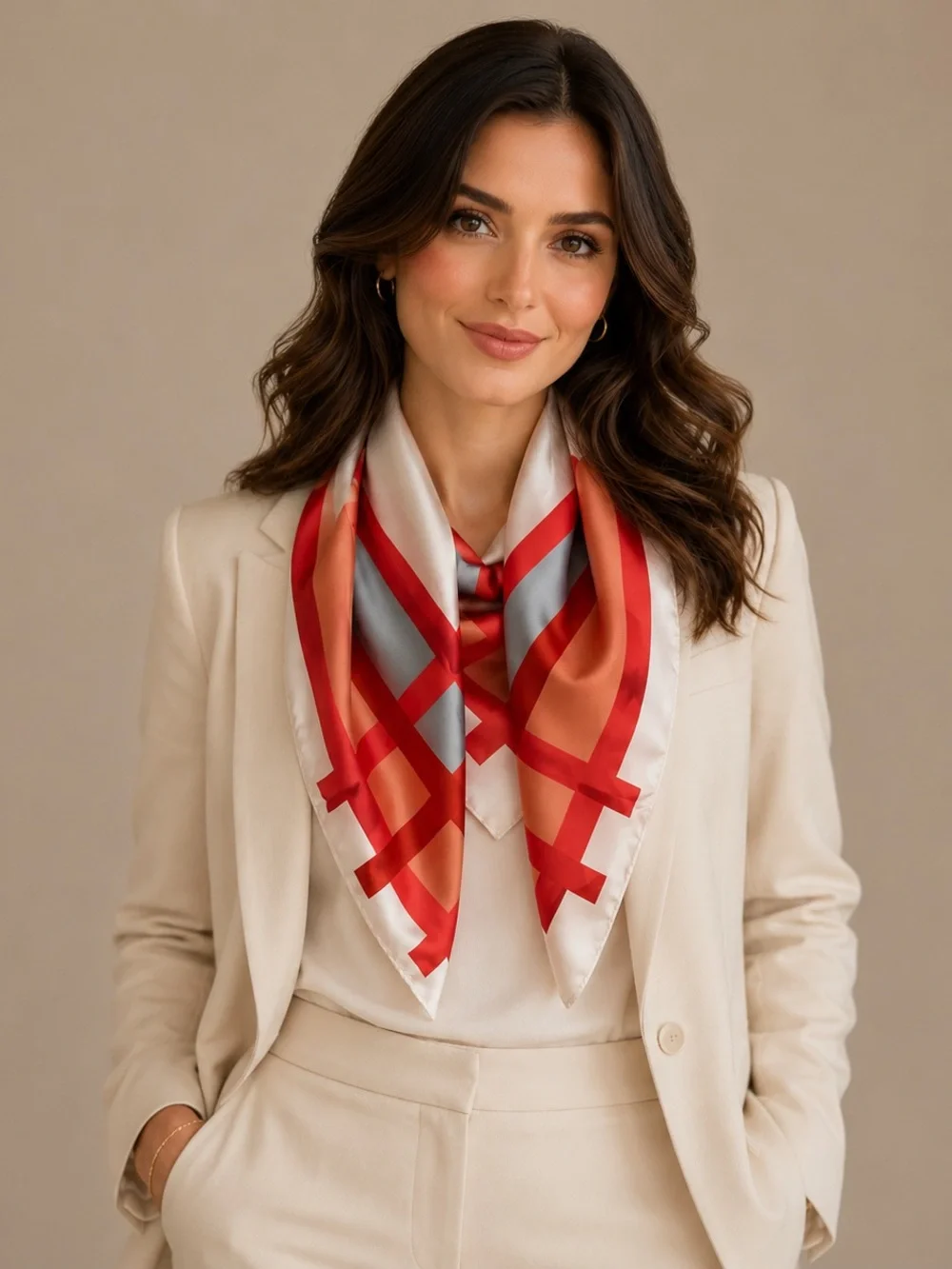 Silk-Look Red & Coral Geometric Square Scarf